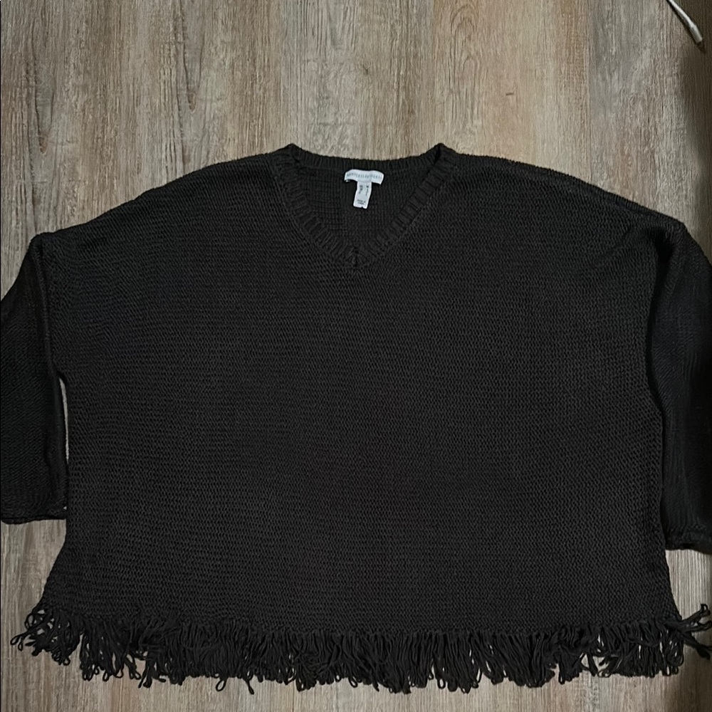 Denim&Co Black V-Neck Sweater with Textured Fringe